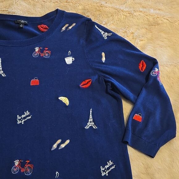 TALBOT NAVY BLUE EMBROIDERED PARIS SWEATER, SIZE X - Picture 6 of 9